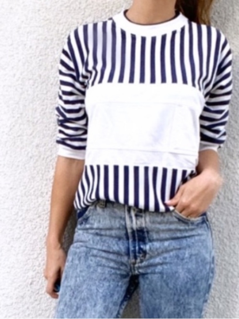 Greenline Sport vintage navy white striped nautical sail sporty 3/4 sleeve top